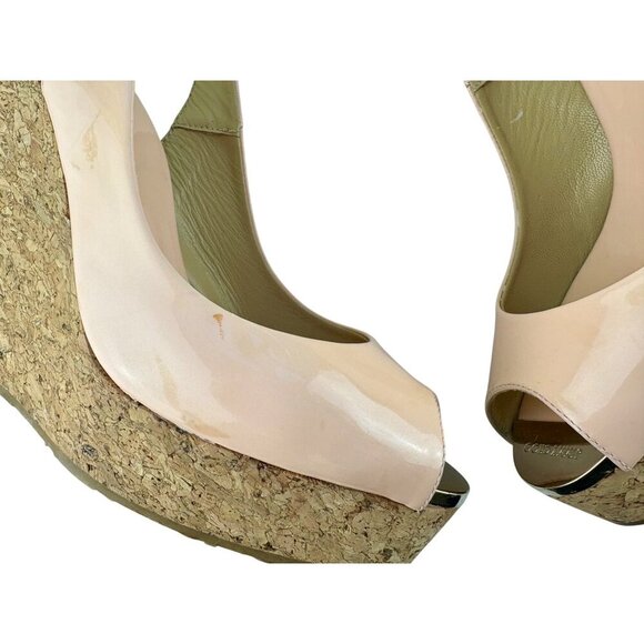 Jimmy Choo Nude Patent Leather Prova Peep Toe Wedge Sandals Size EU 38.5 - Picture 9 of 16